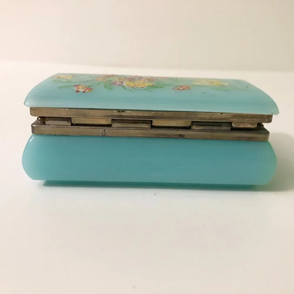 Vintage Trinket Box Blue Plastic Hong Kong Hinged Floral Case Flaws - Picture 13 of 16